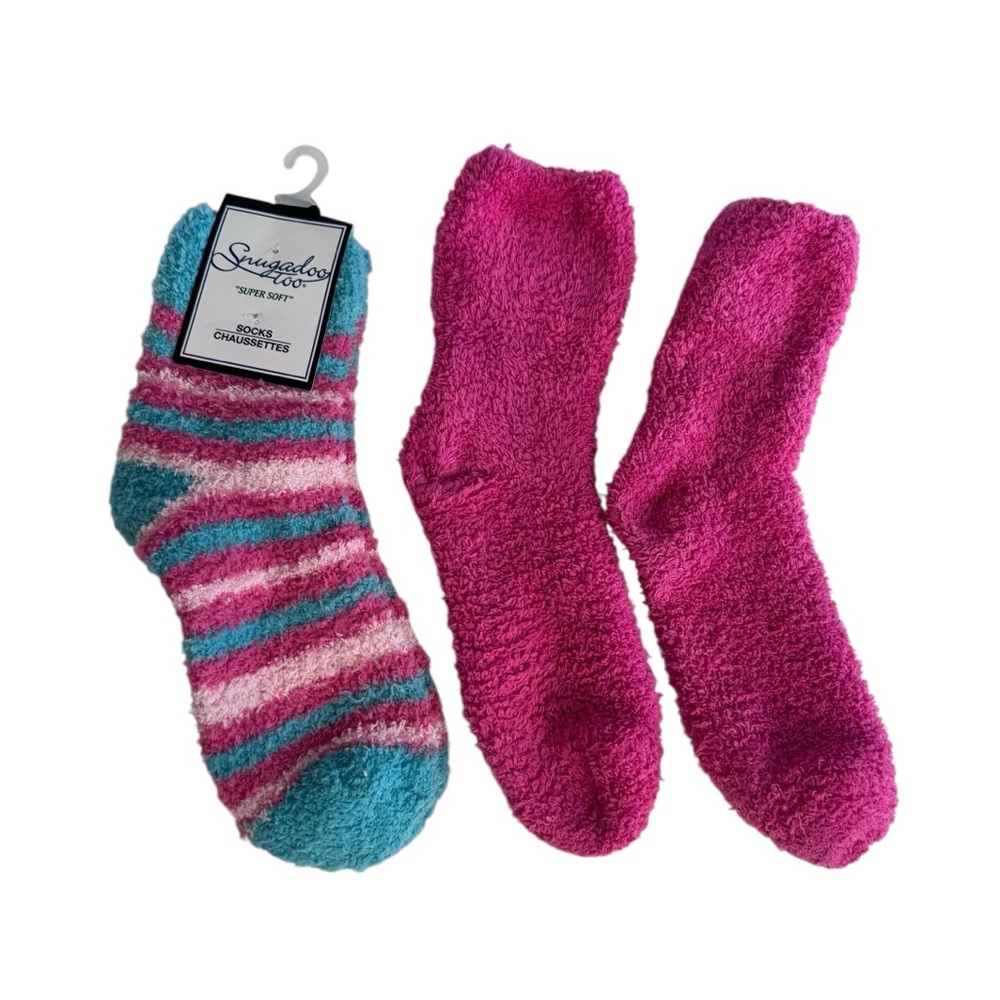 Set of 2 fluffy socks striped blue / pink & solid pink fits up to size 8